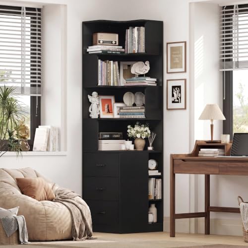 FACBOTALL 76.8” Corner Bookshelf with 3 Drawers and 3 Side Storage Cubbies, L Shaped Tall Bookshelf and Bookcase, 4 Tier Corner Bookcase, Wood Narrow Book Shelf for Living Room, Office, Black - color: Black