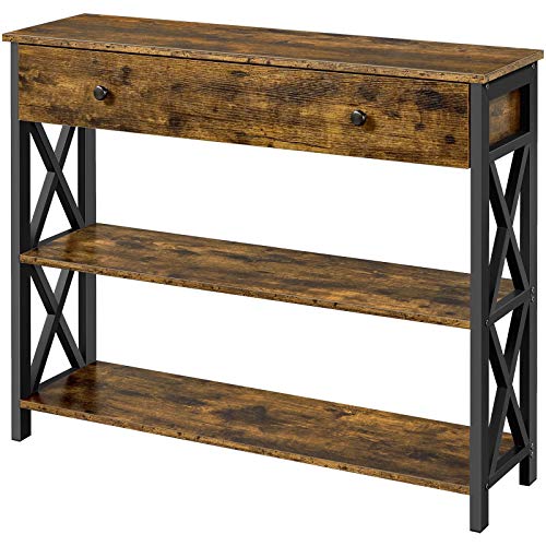 Topeakmart Wood Console Table with Drawer & Storage for Living Room, Industrial Console Table for Entryway, 3 Tier Sofa Table Hallway Table with Bookshelf, Rustic Brown - color: Rustic Brown, style: without Power Outlet