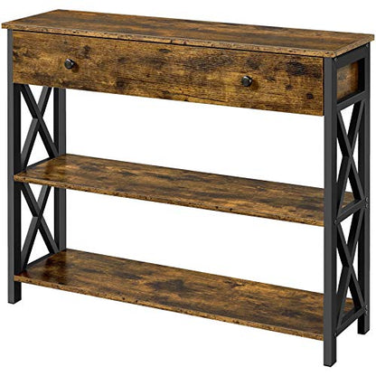 Topeakmart Wood Console Table with Drawer & Storage for Living Room, Industrial Console Table for Entryway, 3 Tier Sofa Table Hallway Table with Bookshelf, Rustic Brown - color: Rustic Brown, style: without Power Outlet