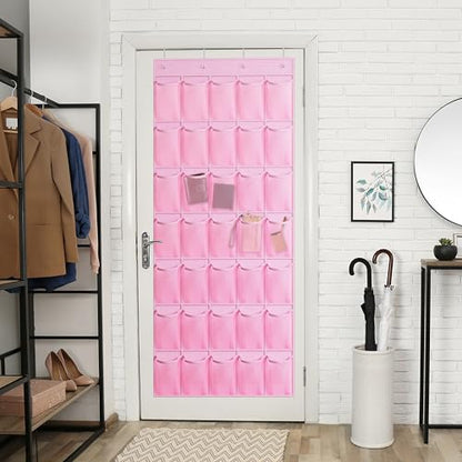 WVM Over the Door Shoe Organizer with 35 Breathable Mesh Pockets, Hanging Shoe Organizer for Door with 4 Metal Hooks, Large Capacity Closet Storage for Shoes, Accessories - style: Pink
