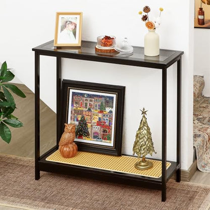 Bamboo Narrow Console Table, 31.5"(L) Wood Small Entryway Table with Rattan and Glass, Accent Slim Hallway Tables, Thin Sofa Side Tables for Hallway, Living Room, Bedroom, Foyer, Black - color: Black 31.5"(l)