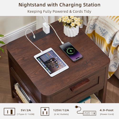 Joaxswe Farmhouse Side Tables Living Room, Small Nightstand with 1 Drawers & Open Shelving & 4 Thickened Table Legs, Walnut - color: Walnut, size: Single