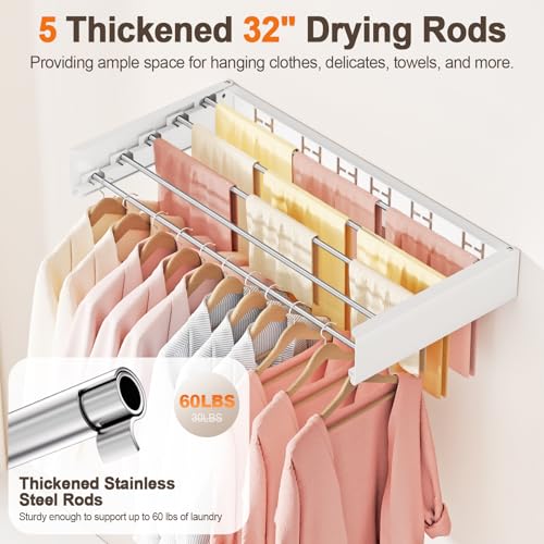 Wall Mounted Clothes Drying Rack Folding Indoor, Foldable Laundry Drying Rack Collapsible,Invisible, Space Saving, Retractable Towel Drying Rack, with Wall Template(5 Drying Rods, White 32") - color: White, size: White-32"