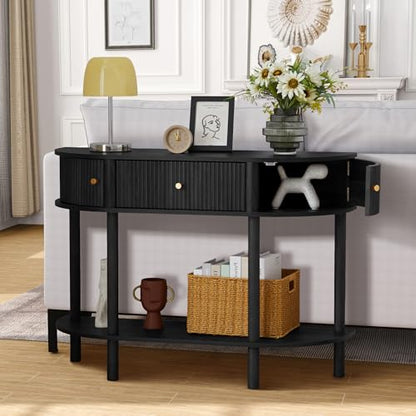 XUZENEST 43.3“ Fluted Half Moon Console Table, Modern Entryway Console Sofa Table with Storage, Narrow Wood Accent Tables Behind Couch Tables for Living Room, Hallway, Foyer(Black) - color: 43.3 Haflf Moon Black