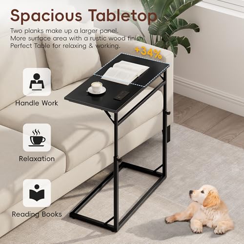 Vagusicc C Shaped End Table with Charging Station, C-Table End Table Adjustable Height Side Table for Couch, Large Couch Tables,Slide Under Sofa Tables TV Tray Arm Tables for Living Room,Bedroom,Black - color: Black, style: With Plug
