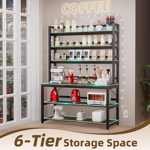 Aquzee Bakers Racks for Kitchens with Storage, 6 Tiers Large(47.2“W x 15.7”D x 70.8" H) Kitchen Stand with Hutch, Freestanding Organizer with Shelves,Rustic Brown - color: Rustic Brown Board + Black Frame