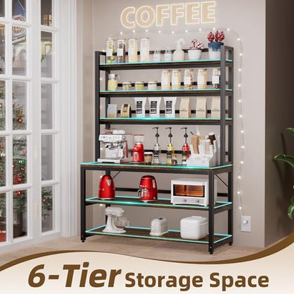 Aquzee Bakers Racks for Kitchens with Storage, 6 Tiers Large(47.2“W x 15.7”D x 70.8" H) Kitchen Stand with Hutch, Freestanding Organizer with Shelves,Rustic Brown - color: Rustic Brown Board + Black Frame