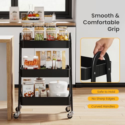 DUMOS 3 Tiers Metal Rolling Utility Cart with Lockable Wheels, Mobile Storage Organizer, Utility Shelving Unit for Kitchen, Office, Bathroom, Laundry, Narrow Places, Black - color: 3 Tiers Black