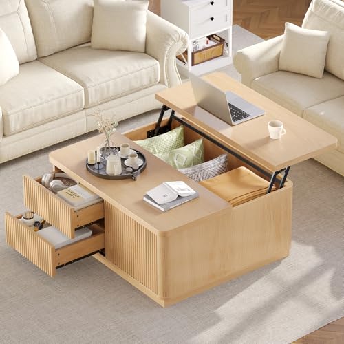 Itaar 39.4'' Lift Top Coffee Table with Storage, Fluted Coffee Tables for Living Room, Square Coffee Table with Large Hidden Compartment & 2 Drawrs & Adjustables Shelves, Oak - color: Oak