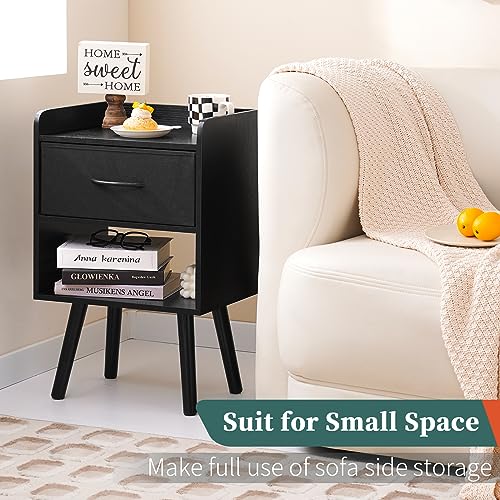 Yoobure Night Stand with Fabric Drawer, Modern Nightstand, Bedside Tables, Mid Century Nightstands with Open Storage Shelf, Wood Bedside Table, Small Night Stands for Bedrooms, 2-Tier Night Table - color: Black
