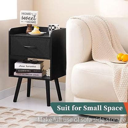 Yoobure Night Stand with Fabric Drawer, Modern Nightstand, Bedside Tables, Mid Century Nightstands with Open Storage Shelf, Wood Bedside Table, Small Night Stands for Bedrooms, 2-Tier Night Table - color: Black