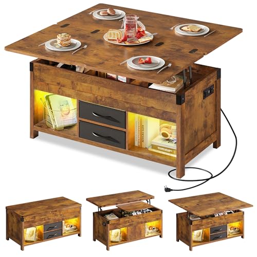 WLIVE 40" Lift Top Coffee Table, 4 in 1 Coffee Tables with Storage, 2 Fabric Drawers, LED Light and USB, Modern Coffee Table with Hidden Compartment for Living Room, Dining Room, Rustic Brown - color: Rustic Brown