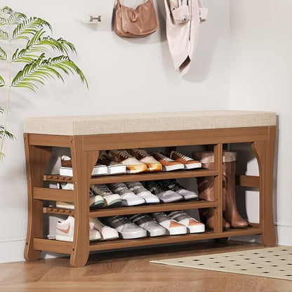 PETKABOO 39.4" Shoe Storage Bench with Cushion, 3-Tier Shoe Rack Bench with Adjustable Shelf, 400 LB Capacity, Boot Storage Compartment, Shoe Organizer for Entryway, Hallway, Bedroom, Closet - size: 39.4" with Boot Slot