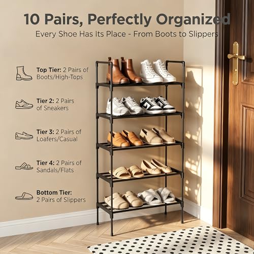 PureBox Shoe Rack, 5-Tier Shoe Storage Organizer – Holds 9-12 Pairs of Shoes, Tool-Free Assembly, Steel Frame, Space-Saving for Entryway, Closet，Living Room, Balcony, Black (17.1" x 10.2" x 36.8")
