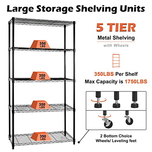 5 Tier Shelf Shelving Unit with Wheels,Adjustable Metal Shelves for Storage, NSF Wire Shelving Rack,350lbs Loading Capacity Per Shelf Storage Shelves for Kitchen Garage, 36" D x 16" W x 75" H - size: 5tier 36"D x 16"W x 75"H
