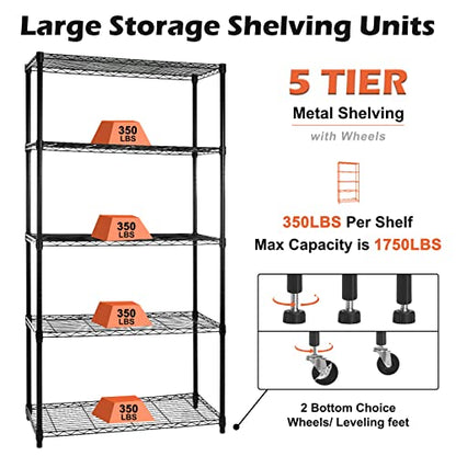 5 Tier Shelf Shelving Unit with Wheels,Adjustable Metal Shelves for Storage, NSF Wire Shelving Rack,350lbs Loading Capacity Per Shelf Storage Shelves for Kitchen Garage, 36" D x 16" W x 75" H - size: 5tier 36"D x 16"W x 75"H
