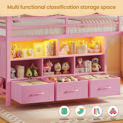 BTHFST Low Loft Bed Twin Size with 3 Storage Drawers, 3-Tier Kids Bookshelf, 5 Open Cubbies and 2 LED Lights Strips, Metal Kids Loft Bed with High Safety Guardrail, Inclined Ladder and Play Area - color: Pink