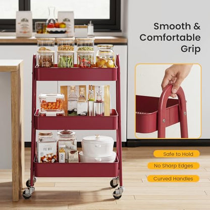 DUMOS 3 Tiers Metal Rolling Utility Cart with Lockable Wheels, Mobile Storage Organizer, Utility Shelving Unit for Kitchen, Office, Bathroom, Laundry, Narrow Places, Red - color: 3 Tiers Red