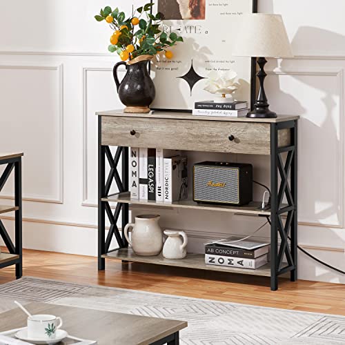Topeakmart 40 Inch Console Table with 2 Outlets and 2 USB Ports, Extra Long Entryway Table with Drawer and X-Shaped Design, Narrow Sofa Table for Living Room and Hallway Gray - color: Grey, style: with Power Outlet