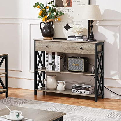 Topeakmart 40 Inch Console Table with 2 Outlets and 2 USB Ports, Extra Long Entryway Table with Drawer and X-Shaped Design, Narrow Sofa Table for Living Room and Hallway Gray - color: Grey, style: with Power Outlet