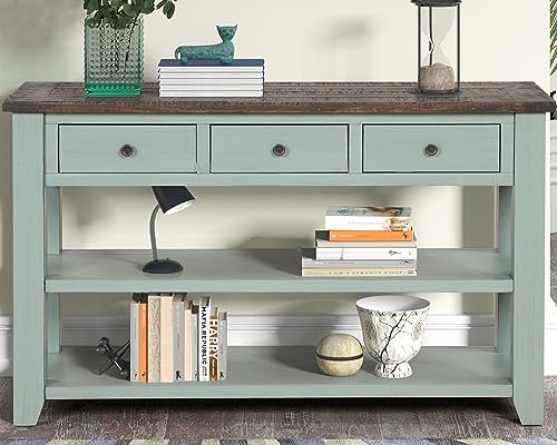 LKTART Real Wood Console Table with Storage Drawers,Sofa Table for Entryway | 48.8 Inch Solid Wood Farmhouse Entryway Table;Sofa Table,Rustic Entry Table for Hallway Living Room;Green;Easy Assembly - color: Green