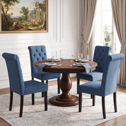 LSSBOUGHT Upholstered Dining Chairs Set of 4,Tufted Parsons Kitchen Chair with Solid Wood Legs, Modern Towel Fabric Side Chair for Dining Room/Restaurant(4pcs,Blue) - color: Blue-fabric, size: Set of 4