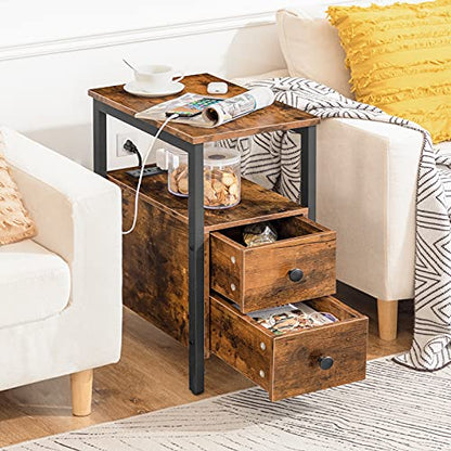 HOOBRO Set of 2 End Tables with Charging Station, Narrow Side Table with Drawers, Power Outlets, Nightstand for Small Spaces, Living Room, Stable and Sturdy, Rustic Brown and Black BF541BZP201 - color: Rustic Brown + Black