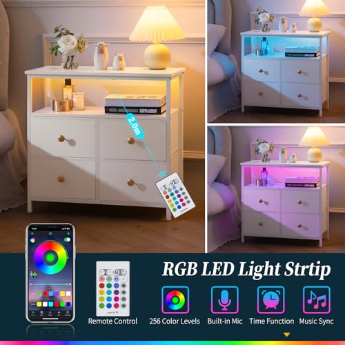 Yoobure Night Stand with Charge Station, Nightstand with 4 Drawers Bedside Table, LED Dresser with Storage Shelf, Night Stands for Bedroom, Side Table 3-Tier Wood End Table for Home, Office White - color: White