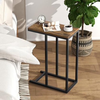 Giantex C Shaped End Table Set of 2, Small Side Tables for Sofa, Couch Table That Slide Under with Metal Frame, Industrial TV Tray Table for Small Spaces, C Table for Living Room Bedroom, Rustic Brown - color: Rustic Brown