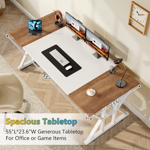 TVU Computer Desk, 55 inch Large Office Desk, Study Writing Table with Thicken Frame, Gaming Desk, Modern Simple Desk for Home Office, Brown/White - color: Brown+white, size: 55inch
