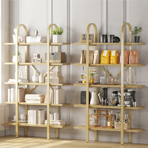 Wide Bookshelf Arched Bookcase, Industrial 5 Tier Open Book Shelves with Metal Frame, 72" Tall Freestanding Heavy Duty Display Rack for Home Office, Living Room,Nature Wood & Gold,Easy Assembly - color: Nature Wood & Gold, size: 5 Tier Arched Wide