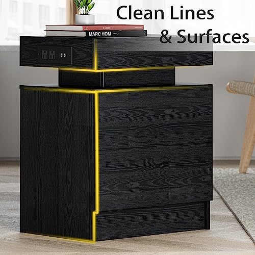 LIKIMIO Nightstand with Charging Station LED Light and 2 Drawers Black | bedside table; end table; charging station; LED light; 2 drawers; black wood grain; small spaces - color: Black