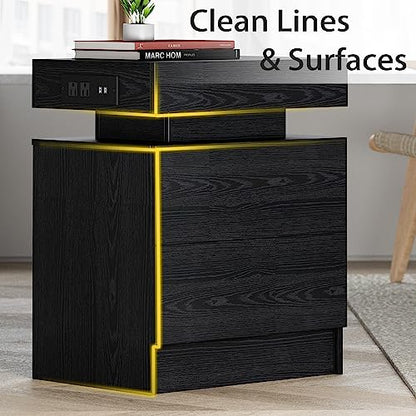LIKIMIO Nightstand with Charging Station LED Light and 2 Drawers Black | bedside table; end table; charging station; LED light; 2 drawers; black wood grain; small spaces - color: Black