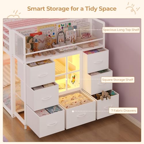 BTHFST Low Bunk Bed Twin Over Twin with 7 Large Fabric Drawers & Bookshelf, Metal Bunk Bed with RGB LED Lights & Slanted Ladder & Safety Guardrail, Kids Low Loft Bed Twin for Small Space, White - color: White