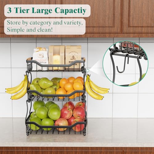 Giwil 3 Tier Countertop Fruit Basket for Kitchen, Vegetable Storage Bread Fruit Bowl Stand with 2 Banana Hooks, Wall Mounted Metal Wire Basket Organizer for Potato Onion, Black - size: 3 Tier Wire Basket Top