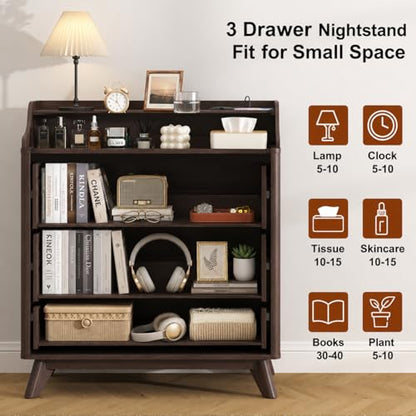 35" Large Night Stand Set of 2 with Charging Station, 3 Drawer Nightstand | Spacious Drawers, Pre-Installed Slide, Wood Bedside Table, Modern End Table, Nightstand for Bedroom Sofa Couch, Brown - color: Brown, size: Large (3 drawer)