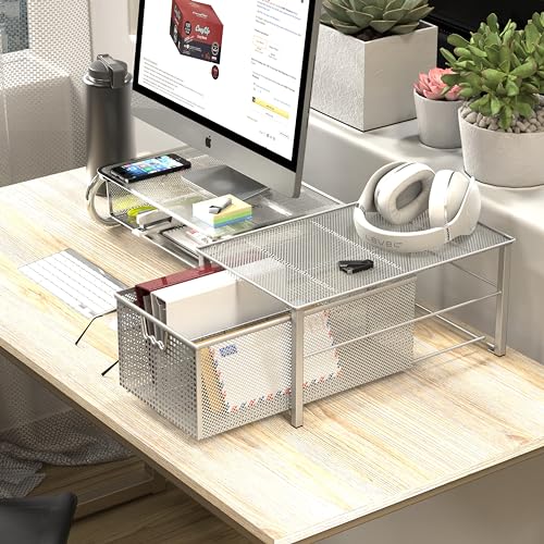 Deco Brothers Stackable Pull Out Cabinet Sliding Basket with Divider, Large | Under Sink Organizer, Silver - color: Silver