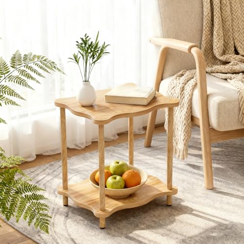 THUMEYE 2-Tier Low Side Table 17”H, Space-Saving Small Nightstand with Solid Wood Legs, Tool-Free Assembly, Suitable for Reading Chair, Bedside, Balcony, 15.7”D x11.8”W, Burlywood - color: Burlywood, size: 17”H