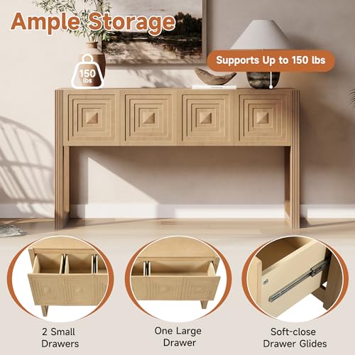 LKTART 55" Carved Console Table with 3 Soft-Close Drawers, Entryway Sofa Table with Fluted Leg,Solid Wood Accent Table for Living Room Hallway,Light Brown - color: Light Brown