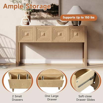 LKTART 55" Carved Console Table with 3 Soft-Close Drawers, Entryway Sofa Table with Fluted Leg,Solid Wood Accent Table for Living Room Hallway,Light Brown - color: Light Brown