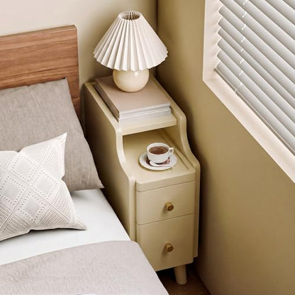 Nightstand, Pre-Assembled, 19.7“H Solid Wood Narrow Night Stand with 2 Drawers, Open Sliding Shelf, Mid Century Modern Small Bedside Table for Bedroom, Cream 8" - color: Cream, size: 8"