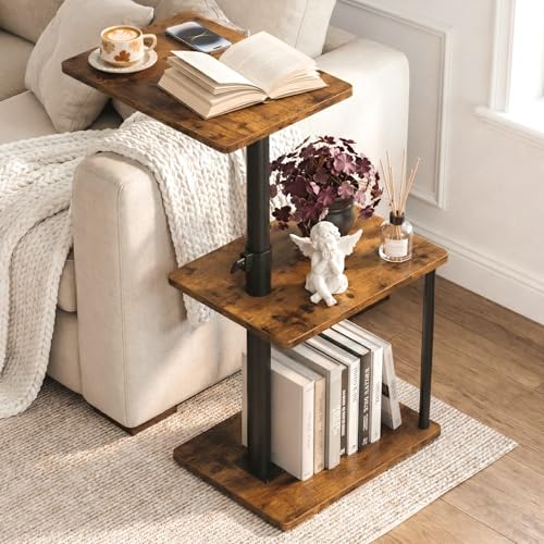 Faesun 360° Swivel Side Table for Height Adjustable, C Shaped End Table for Couch with Storage, 3-Tier Night Stand with Open Shelf, Tv Tray for Small Spaces, Living Room, Bedroom, Rustic Brown - color: Rich, size: Standard