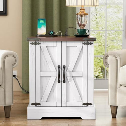 Farmhouse End Table with Charging Station, Rustic Wood Nightstand with Adjustable Shelf, 19.6"W Versatile Walnut Sofa Side Table with Barn Doors and Retro Hinges for Bedroom, Living Room (White-kk025) - color: White-kk025