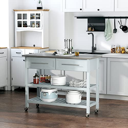 HOMCOM Kitchen Island with Stainless Steel Top, Traditional Kitchen Island with Storage, Butcher Block Cart 2-Tier Open Shelves, Drawers, Light Gray