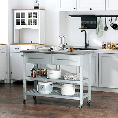 HOMCOM Kitchen Island with Stainless Steel Top, Traditional Kitchen Island with Storage, Butcher Block Cart 2-Tier Open Shelves, Drawers, Light Gray