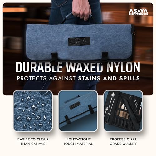 Asaya Waxed Nylon Chef Knife Roll Bag with 20 Slots and Zippered Pockets - Professional Chef Knife Bag & Storage Case, Tool Carrier with Shoulder Strap - Knives Not Included (Blue) - color: Blue