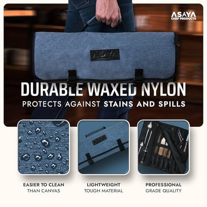 Asaya Waxed Nylon Chef Knife Roll Bag with 20 Slots and Zippered Pockets - Professional Chef Knife Bag & Storage Case, Tool Carrier with Shoulder Strap - Knives Not Included (Blue) - color: Blue