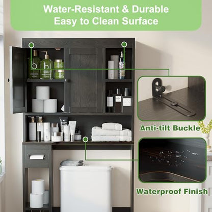 Over The Toilet Storage Cabinet with 7 Shelves, Imitation Walnut Grain Above Toilet Bathroom Organizer with Toilet Paper Holder Stand, Space Saver for Restroom, Laundry, Bathroom (Black) - color: Black