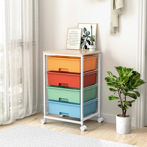 SYKIARIOL Rolling Cart with Drawers, 4-Drawer Utility Cart, Macaron | Storage Cart with 4 Drawers and Wooden Tabletop & Lockable Wheels for Home Office, Bedroom, Kids Room, Classroom,4 Tiers - color: Macaron