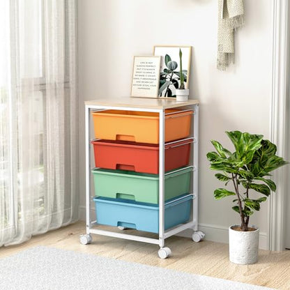 SYKIARIOL Rolling Cart with Drawers, 4-Drawer Utility Cart, Macaron | Storage Cart with 4 Drawers and Wooden Tabletop & Lockable Wheels for Home Office, Bedroom, Kids Room, Classroom,4 Tiers - color: Macaron